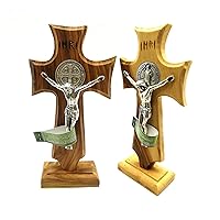 Standing Table Saint Benedict Cross Crucifix for Home | Light or Dark Olive Wood | Handmade in Medjugorje
