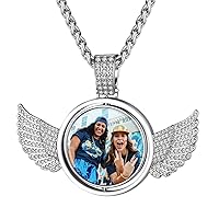 Angel Wings Picture Necklace Personalized,Spinning Pendant Double Side Photos Custom Memory Chain 18K Gold/Platinum Plated/Black AAA CZ,Customized Memory Hip Hop Jewelry for Men Women