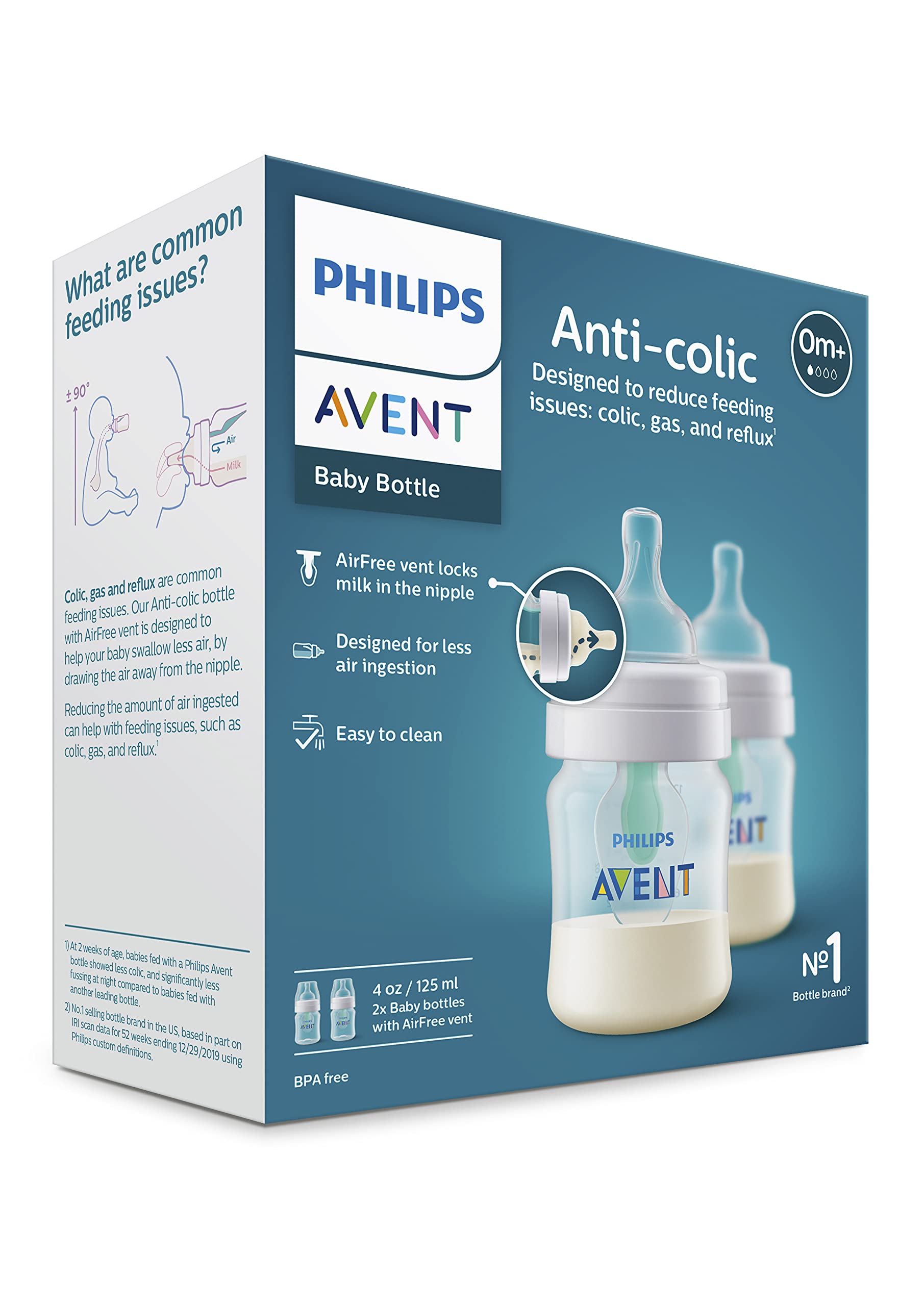 Philips AVENT Anti-Colic Baby Bottles with AirFree Vent, 4oz, 2pk, Clear, SCY701/92