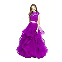 Women's 2 Piece Prom Dress Lace Applique Quinceanera Dress Layered Ruffle Organza Sweet 16 Dress Ball Gown