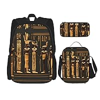3-In-1 Backpack Bookbag Set,Ancient Egyptian Hieroglyph Print Casual Travel Backpacks,With Pencil Case Pouch, Lunch Bag