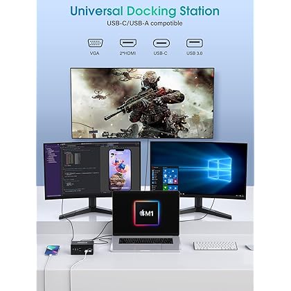 Docking Station, STEPRO 14 in 1 USB C Docking Station Quadruple Monitor Compatible for MacBook and Windows, Thunderbolt Dock with USB-A and USB-C Cable(2HDMI,VGA,PD3.0,RJ45,4 USB Ports,SD/TF,Audio)
