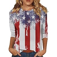 Women Fourth of July Shirt 3/4 Sleeve Summer Tops USA Flag Shirts Retro Print Quarter Length Sleeve Tunic Blouses