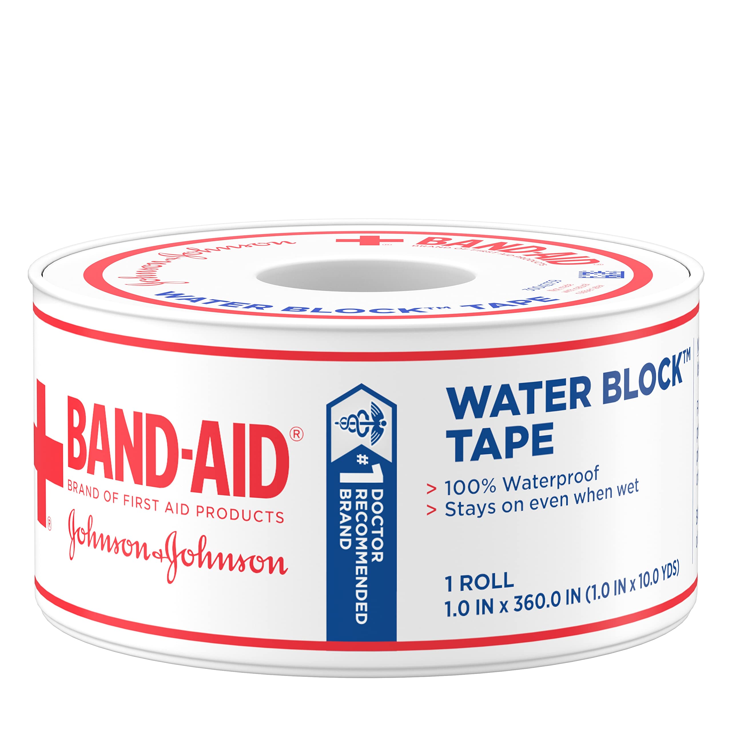 Band-Aid Brand First Aid Water Block 100% Waterproof Self-Adhesive Tape Roll for Durable Wound Care to Firmly Secure Bandages, 1 in by 10 yd