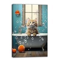 MODOJOART Cute Cat Bathroom Canvas Wall Art, Orange Cat in Bathtub with Balls and Foam Painting Print Rustic Farmhouse Style Poster Picture for Bathroom Washroom Decor(Artwork-01, 12