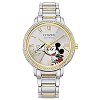 Citizen Eco-Drive Ladies' Mickey Mouse Crystal Watch, Two Tone Gold Stainless Steel, 3-Hand, 36mm (Model: FE7044-52W)