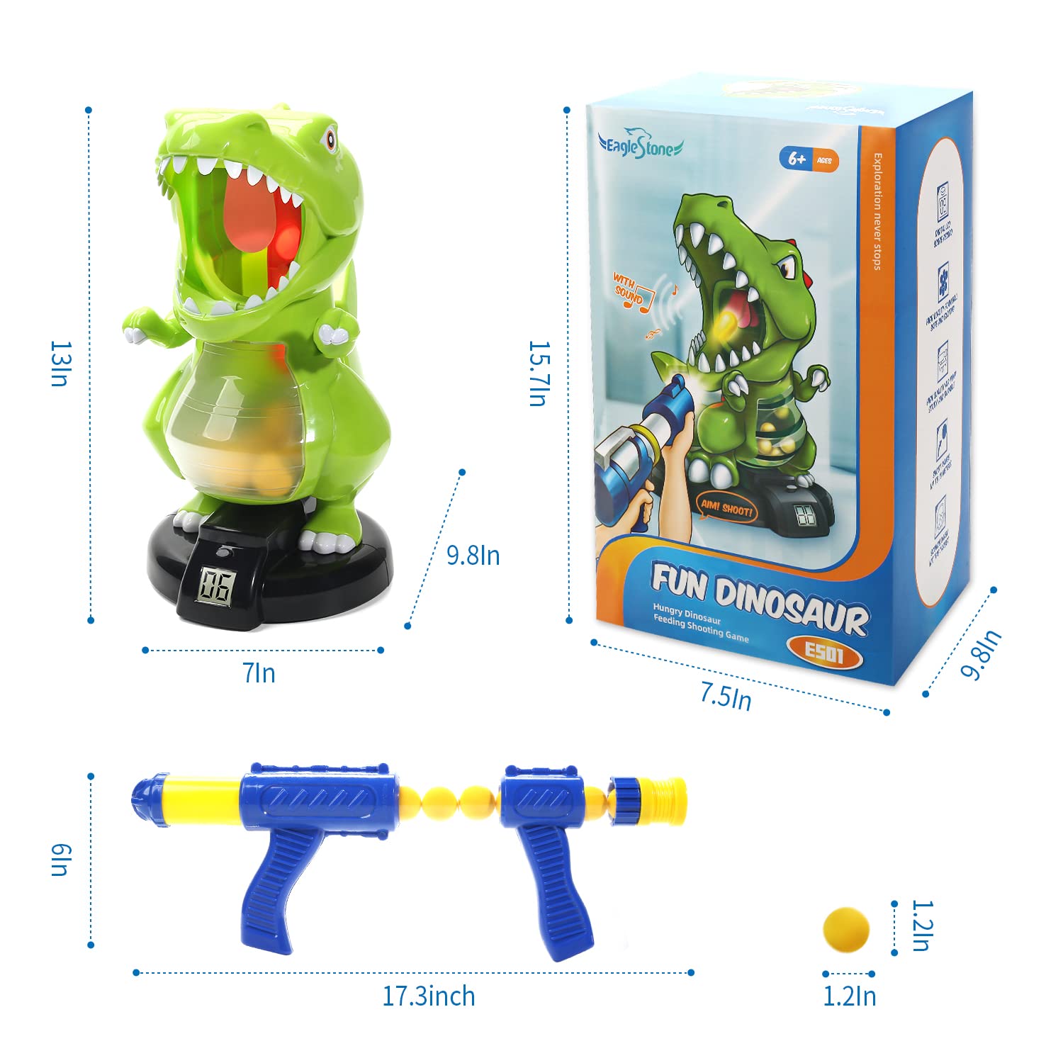 EagleStone Dinosaur Shooting Toys for Boys, Kids Target Shooting Games w/ Air Pump Gun Birthday Party Supplies & LCD Score Record, Sound, 24 Foam Balls Electronic Target Practice Gift for Toddlers