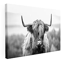 Black and White Highland Cow Canvas Wall Art - Stunning Monochrome Print for Rustic Farmhouse Decor, Large Size Perfect for Living Room, Bedroom, or Office | Large Wall Art 40