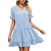 Swiss Dot Dress for Women Puff Short Sleeve Guipure Lace Trim V Neck Flowy Tiered Mini Dress Summer Beach A-line Swing Dress