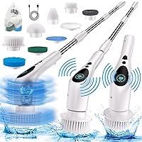 Electric Spin Scrubber for Cleaning Power Shower Cleaner Brush with 9 Replaceable Brush Heads LCD Display Voice Prompts Long Handle Bathroom Scrubber Floor Brush