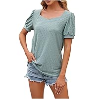 Women's Fashion Summer Tops Puff Sleeve Casual Eyelet T Shirt Elegant Dressy Shirts Sexy Comfort Breathable Blouses