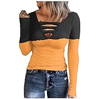 Gradient Shirts for Women V Neck Long Sleeve Tunic Tops Criss Cross Ribbed T-Shirt Fashion Girl Slim Fit Outfits