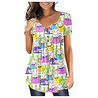 Easter Shirts for Women O Neck Tunic Tees Cute Bunny Graphic Short Sleeve Shirt Tshirts Trendy Loose Tops Blouse