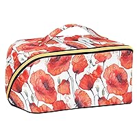 Watercolor Wild Red Poppies Cosmetic Bag for Women Travel Makeup Bag with Portable Handle Multi-functional Toiletry Bag Toiletry Bag for Women Makeup Beginners