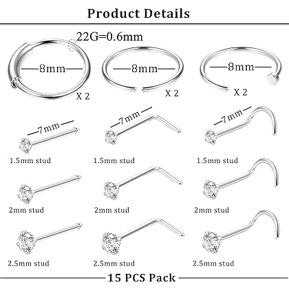 FINREZIO 15PCS 22G 20G 18G Surgical Steel Nose Rings Hoop Studs Cartilage Earrings Body Piercing Jewelry 1.5mm 2mm 2.5mm CZ