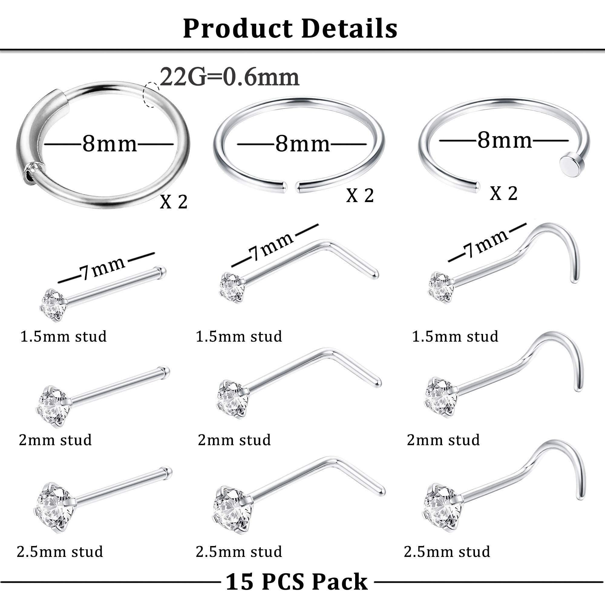 FINREZIO 15PCS 22G 20G 18G Surgical Steel Nose Rings Hoop Studs Cartilage Earrings Body Piercing Jewelry 1.5mm 2mm 2.5mm CZ