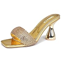 Women's Rhinestone Chunky Heel Mules Sandals Square Open Toe Slip On Kitten Heeled Backless Slides Slippers Fashion Wedges Pumps Dress Shoes Sexy