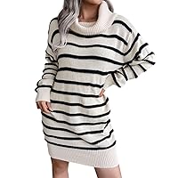 APSAVINGS Stripped Ribbed Trim Long Sleeve Mini Sweater Dress (Belt NOT Included)