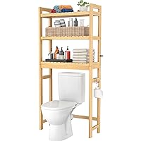 Over The Toilet Storage, 3-Tier Bamboo Bathroom Shelf with 3 Hooks, Above Toilet Organizer Rack Freestanding for Small Space, Restroom, Laundry, Easy Assembly, Natural