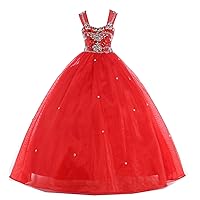Little Girls Crystals Ball Gown Beaded Ruffled Long Pageant Dresses 8 US Red