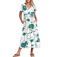 Women's Spring Dresses 2024 Casual Dresses with Pockets, Flowing Maxi Skirt, V Neck Short Maxi Dress, S-2XL