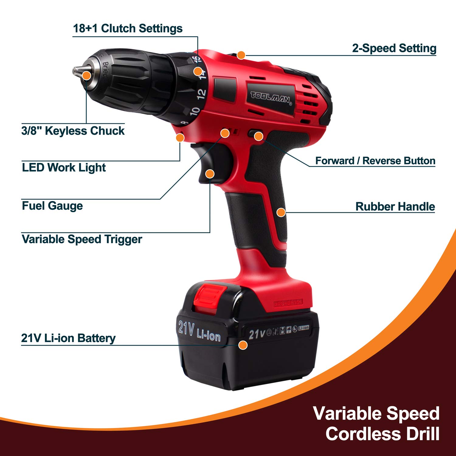 Toolman 21v Cordless Lithium Drill with 1pc Battery, drills sets and 1pc 2hour quick charger ZTP008