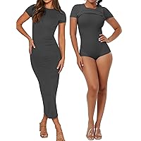 Women's Shaper Dress Bodycon Sunmmer Midi Dress Built in Shapewear Shorts Crew Neck Short Sleeve Casual Lounge Dresses