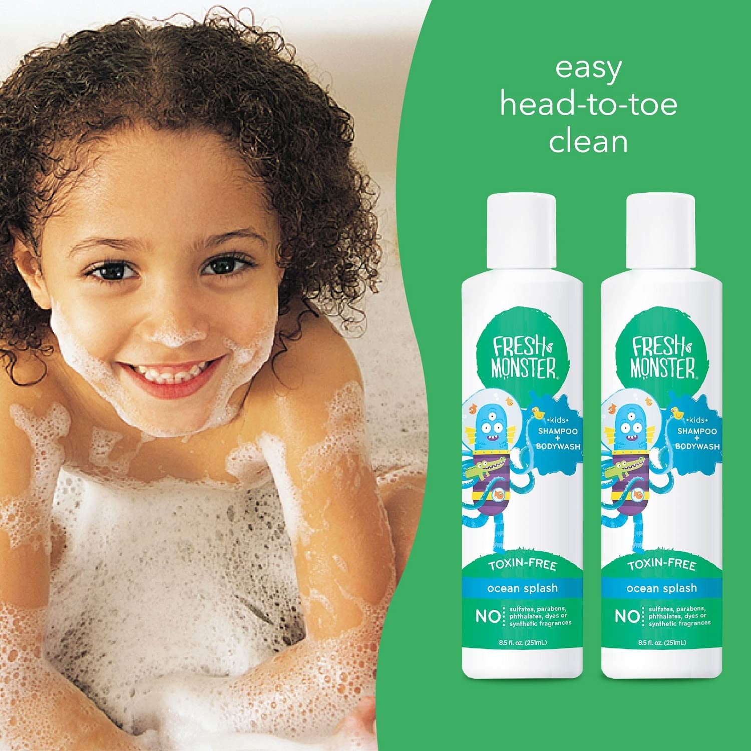 Fresh Monster 2-in-1 Kids Shampoo & Body Wash, Toxin-Free, Hypoallergenic, Natural Shampoo & Body Wash for Kids, Ocean Splash (2 Pack, 8.5oz/each)