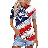 4th of July Outfits for Women,Women's Summer Casual Lapel Short Sleeve Independence Day Printed Shirt Button Up Tunic