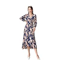 NC Sweet Wood Ears Small Stand-Up Collar Breasted Buttoned Waist Slimming Mid-Length Holiday Style Printed Puff Sleeve Dress