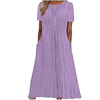 Womens Summer Eyelet Embroidery Midi Dresses Casual Crewneck Short Sleeve Loose Pleated Flowy Swing Beach Dress with Pockets