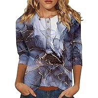 Womens Tops 2023 Summer Slim Fit Button Down Shirt V Neck Tshirts Ethnic Floral Tees Slim Cute 3/4 Sleeve Blouse
