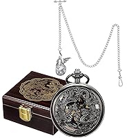 SIBOSUN Mechanical Pocket Watches Mens And Pocket Watch Box Wodden Pattern Pocket Watch Display Case Organizer For Pocket Watch Lucky Phoenix And Dragon Skeleton Pocket Watch Chain with Pterodactylus