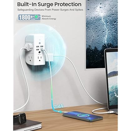 Mifaso Wall Outlet Extender with Shelf and Night Light,Surge Protector, Wall Charger with 5 USB Outlets and 3 USB Ports 1 USB C Outlet Wide Space 3-Sided Power Strip Multi Plug Outlets…