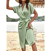 Women Dresses Solid Batwing Sleeve Wrap Satin Dress (Size : Small)
