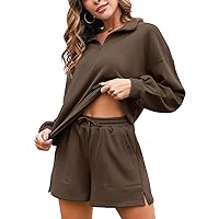 Flygo Women's Cotton 2 Piece Outfits Sweatsuit Lounge Sets Casual Half Zip Crop Top and High Waisted Shorts Tracksuit