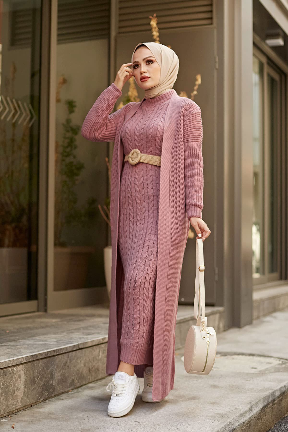 istanbulstyles Autumn Winter 2 Piece Knitwear Suit and Belt Islamic Abaya Muslim Clothing Long Knitted Cardigan Suit