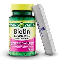 Spring Valley, Biotin 5000mcg, Softgels, 120 Count Hair Skin Nails Health Dietary Supplement + 7 Day Pill Organizer Included (Pack of 1)