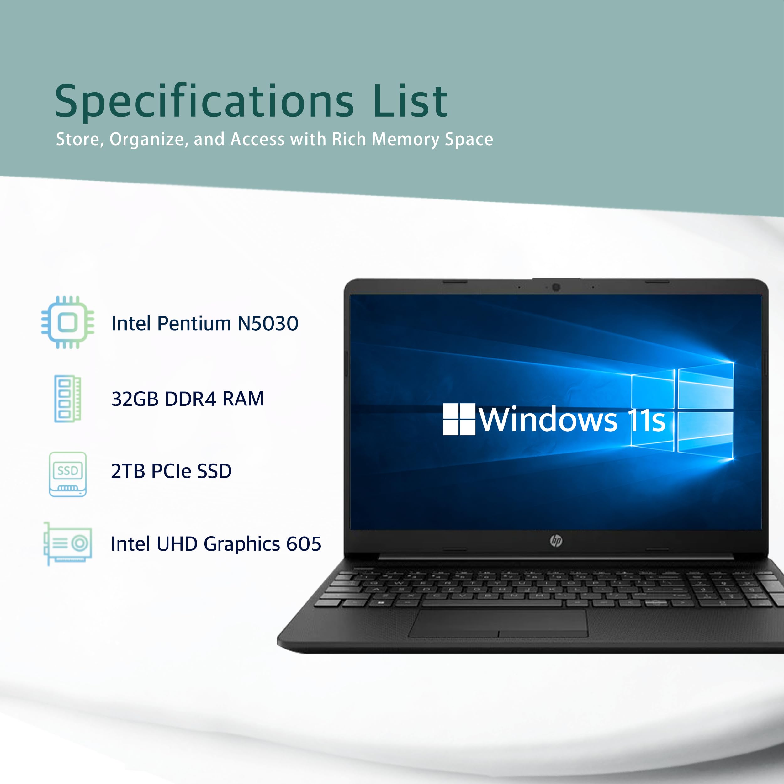 HP 15.6” HD Student Laptop, Intel Pentium Silver N5030, 32GB RAM, 2TB PCIe SSD, Intel UHD Graphics, HD Webcam, Numpad, Wi-Fi 5, Bluetooth, Windows 11, Black, 32GB USB Card