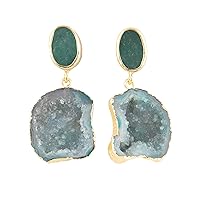 Guntaas Gems Green Strawberry Quartz Raw Geode Crystal Druzy Brass Gold Plated Drop Stud Earring Jewelry