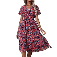 Spring Dresses for Women, Womens Summer Chiffon Short Sleeve Belted V Neck Floral Print Casual Bohemian Midi Dresses