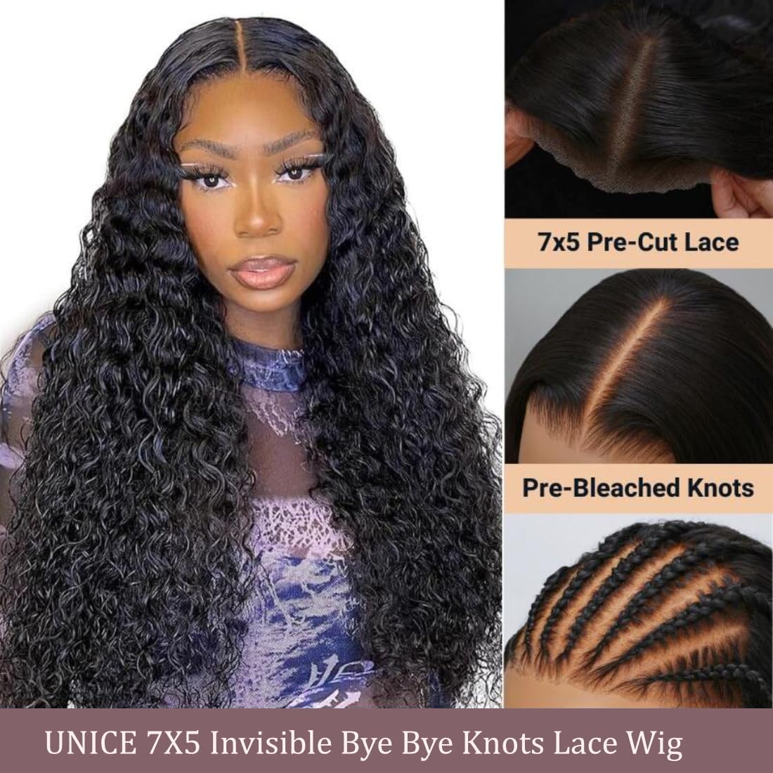UNICE Bye Bye Knots Wig Invisible Knots Water Wave 7x5 Lace Front Wigs Human Hair Wet and Wavy Put on and Go Glueless Human Hair Wig Pre Plucked Pre Cut Lace 180% Density 24 inch