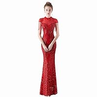 Women's Beads O Neck Mermaid Sequins Lace Long Formal Evening Prom Homecoming Wedding Party Cocktail Dresses Gown