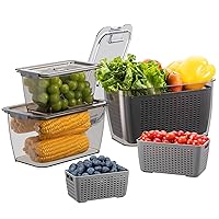Fresh Fruit Vegetable Storage Containers, 3 Pack Produce Saver Container for Fridge with Lids &Removable Colander BPA-Free Refrigerator organizer for Fruit, Veggie Berry, Meat Keep Fresh Longer- Grey