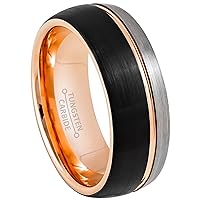 3-Tone Dome Tungsten Wedding Band - Black & Rose Gold Tungsten Carbide Ring - Groove Design Tungsten Ring