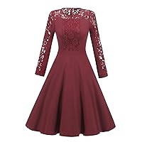 Wemen's Vintage Fall Long Sleeves Round Neck Lace Swing Dress (X-Large, Burgundy)
