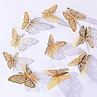 12PCS 3D Hollow-Out Butterfly Wall Sticker Elegant Murals Wall Decal Wall Stickers Decoration for Babys Kids Bedroom Living Room Classroom Office(Gold)