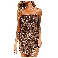 Woemn's Cami Dress Low Cut Spaghetti Strap Sundress Sleeveless Party Sequin Split Mini Dresses Split Evening Night Out Gowns