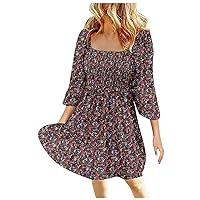 Womens Spring Summer Dresses Boho Floral Square Neck Smocked 3/4 Sleeve Casual A Line Swing Beach Mini Dress