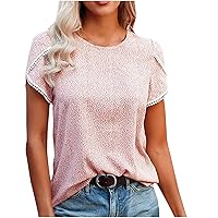 Women's Casual Tops Summer Petal Short Sleeve T-Shirt Ruffle Ditsy Floral Swing Tunic Round Neck Loose Fit Blouse